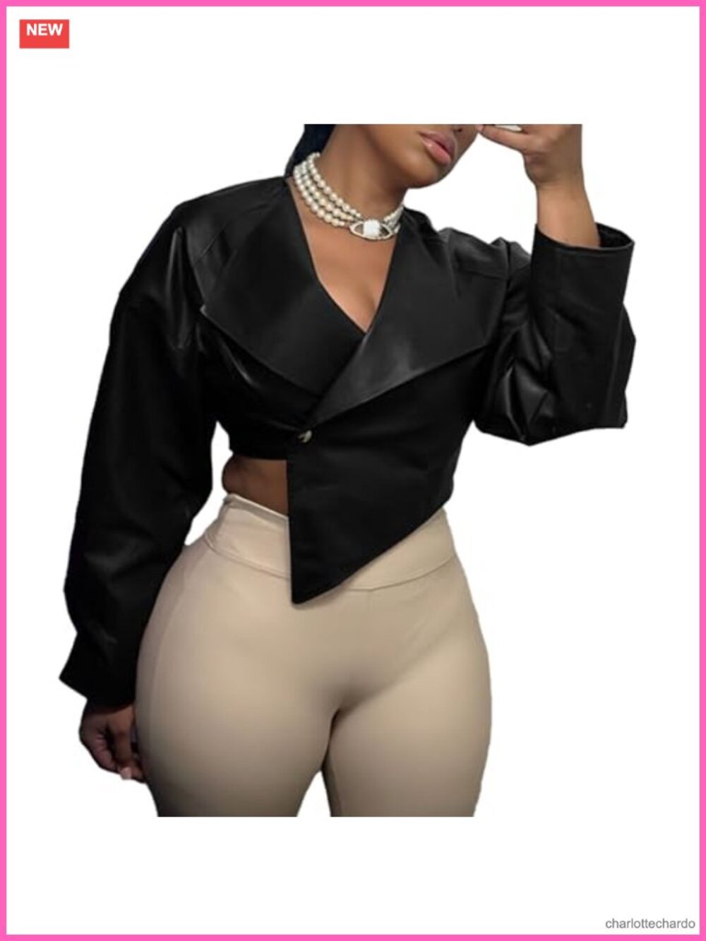 Faux Leather Crop Jacket Women Long Sleeve Button Down